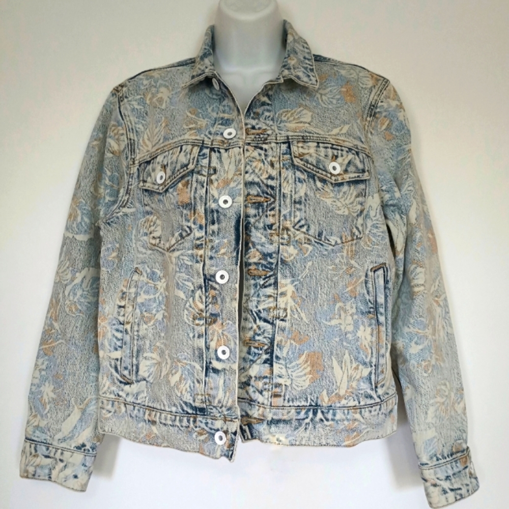 RAG & BONE Acid Wash Floral Shrunken Trucker Denim Jean Jacket